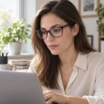 Woman wearing purple OK1802 glasses while working on a laptop — AI visualisation