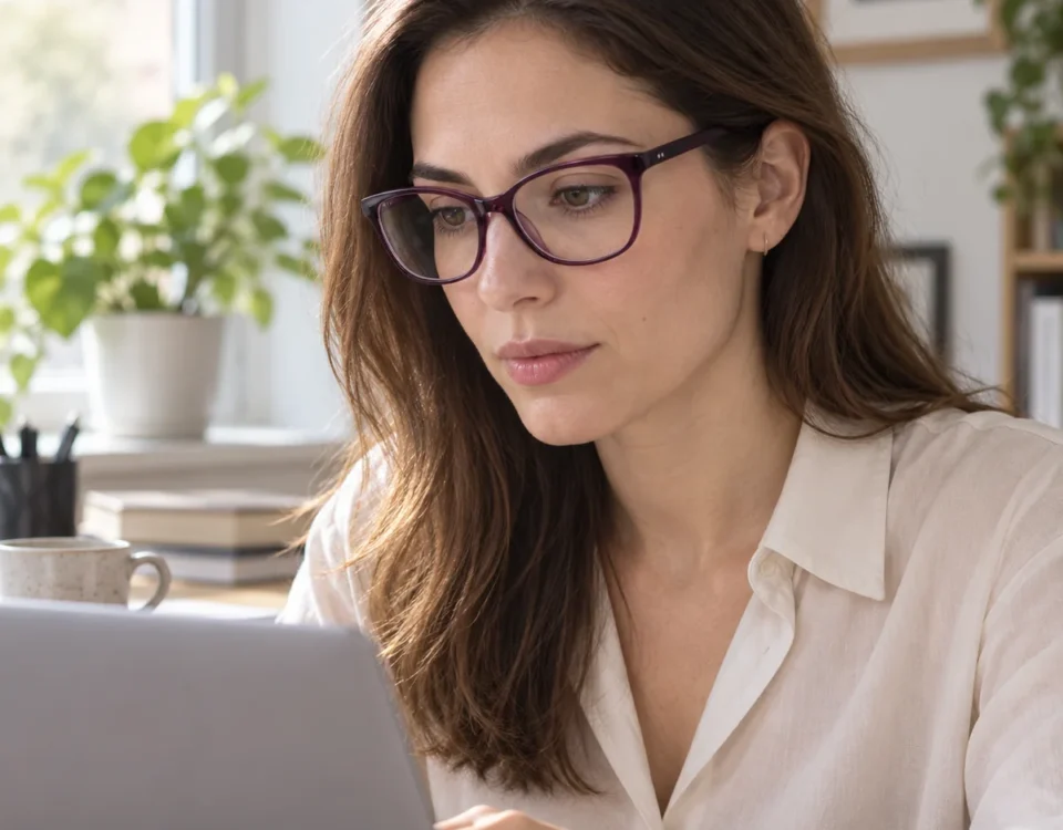 Woman wearing purple OK1802 glasses while working on a laptop — AI visualisation