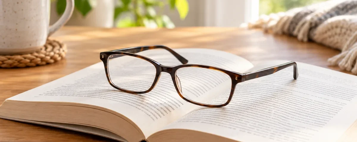 Reading glasses resting on an open book