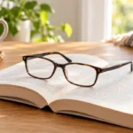 Reading glasses resting on an open book