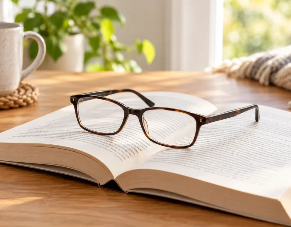 Reading glasses resting on an open book